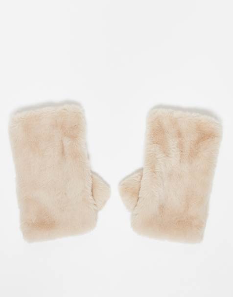 Accessorize faux fur fingerless mittens in beige - view 1