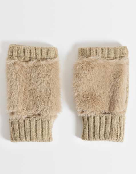 Accessorize faux fur knit cut off gloves in mink - view 1