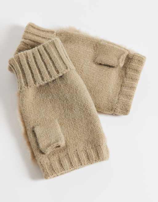 Accessorize faux fur knit cut off gloves in mink, 3 of 3