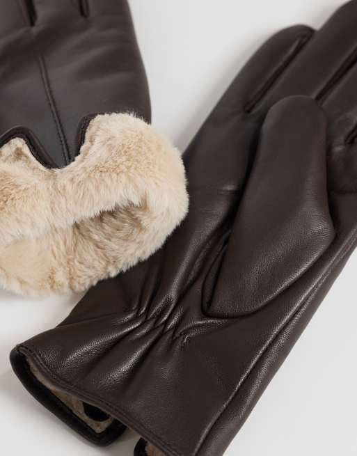 Accessorize faux fur lined leather gloves in chocolate brown, 2 of 3