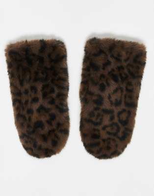 Accessorize Accessorize faux fur mitten gloves in leopard print-Brown
