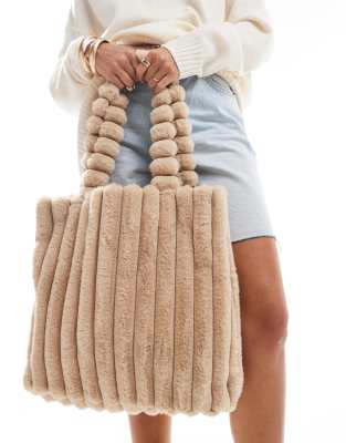 Accessorize faux fur shopper bag in beige-Neutral