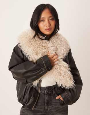 Accessorize Accessorize faux Mongolian fur tipped scarf in beige-Neutral