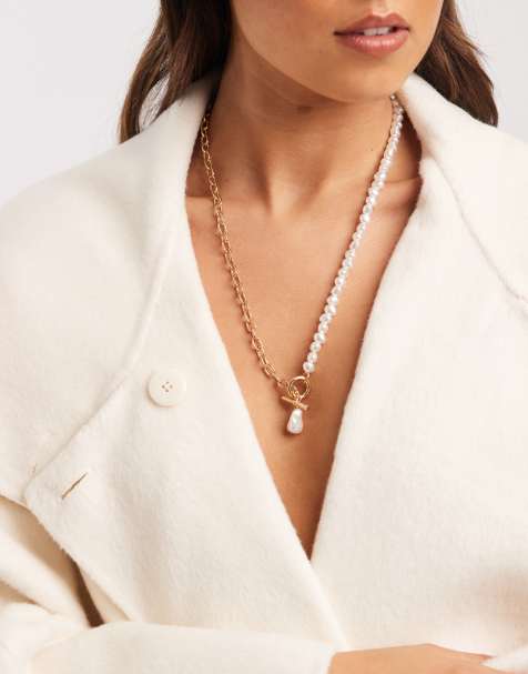 Accessorize faux pearl mixed chain t-bar necklace in gold - view 1