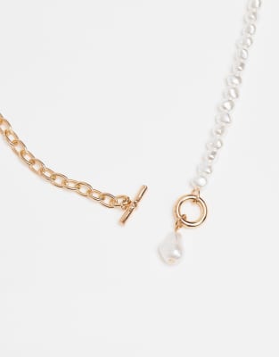 Accessorize Faux Pearl Mixed Chain T-bar Necklace In Gold