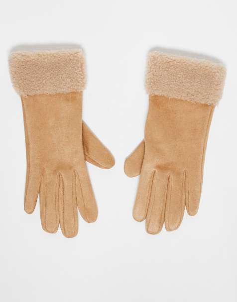 Accessorize faux suede and shearling tan gloves in brown - view 1