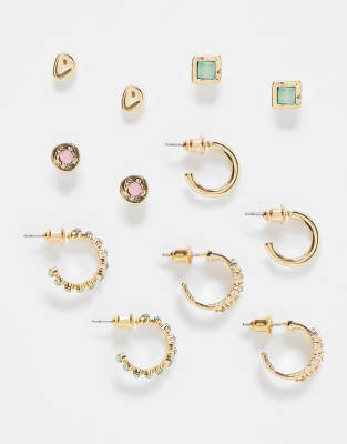 Accessorize – Festival – 6er-Set Ohrstecker und Creolen in Gold/Grün mit Schmucksteinen