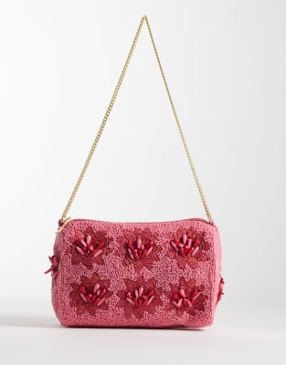 floral embellished shoulder bag in pink