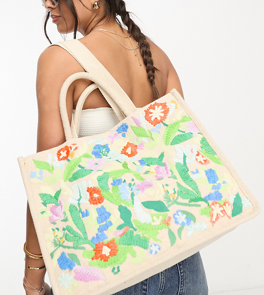 Accessorize floral embroidered canvas summer tote bag in cream-White