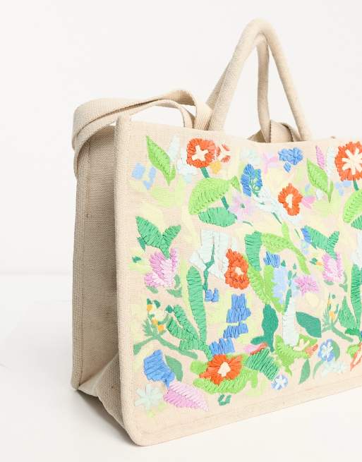 Accessorize floral embroidered canvas summer tote bag in cream