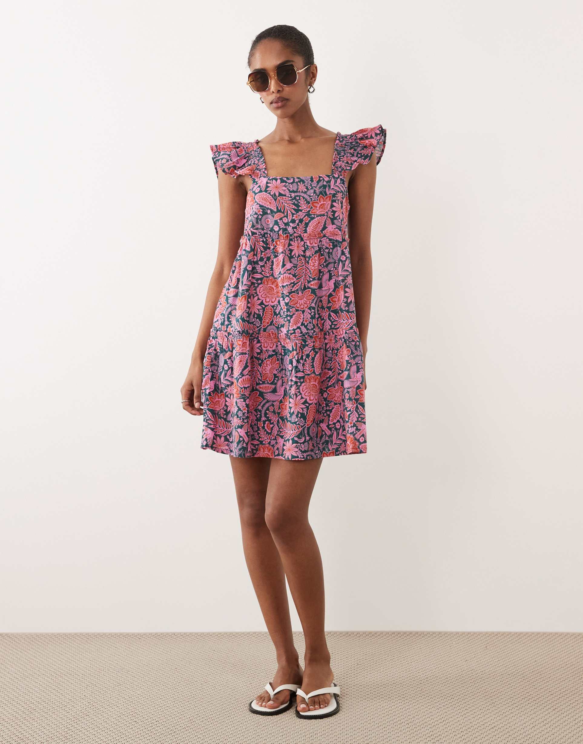 accessorize floral mini beach dress with frill straps in teal