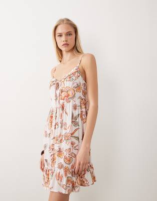 floral tie front mini beach dress in ivory-White