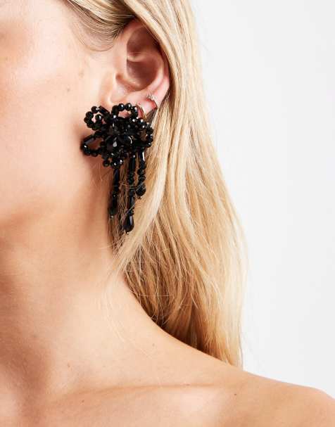 Accessorize flower beaded statement earrings in black - view 1