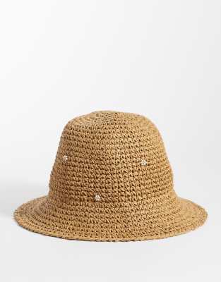 flower embroidered straw bucket hat in beige-Neutral