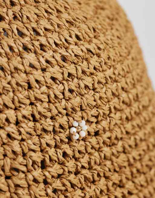 Accessorize flower embroidered straw bucket hat in beige, 3 of 3