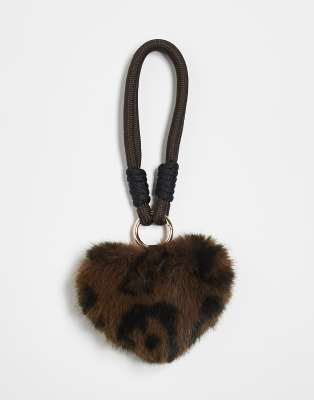 Accessorize Accessorize fluffy heart bag charm in leopard print-Multi