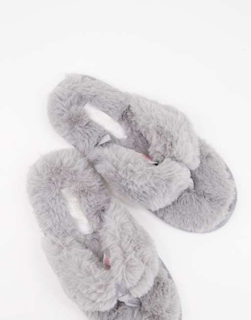 Accessorize fluffy thong slippers in grey ASOS