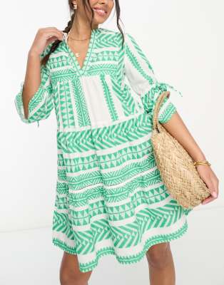 Accessorize flute sleeve jacquard beach summer mini dress in green & white