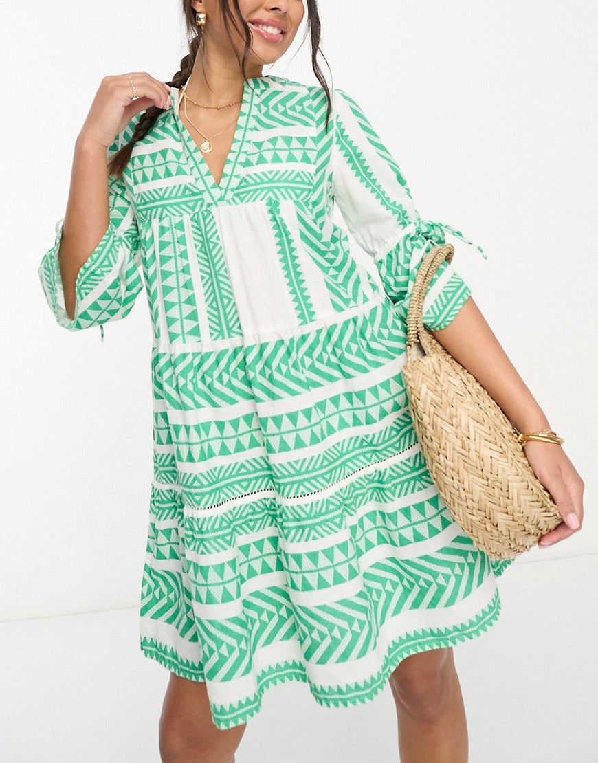 Accessorize flute sleeve jacquard beach summer mini dress in green & white