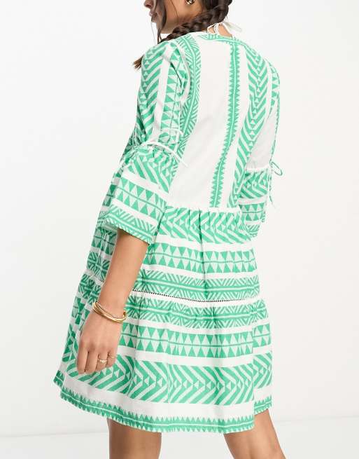 Accessorize flute sleeve jacquard beach summer mini dress in green & white, 2 of 4