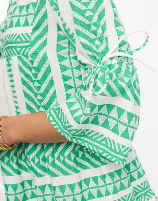 Accessorize flute sleeve jacquard beach summer mini dress in green & white, 3 of 4