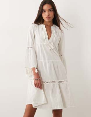 flute sleeve kaftan dress in ivory-White