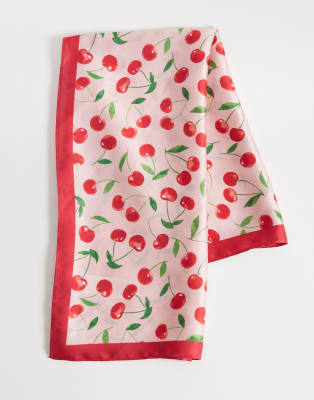 Accessorize - Foulard carré en satin à motif cerises - Rose