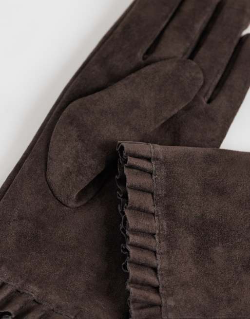 Accessorize frill cuff suede gloves in chocolate brown, 2 of 3