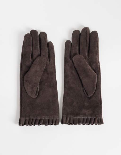 Accessorize frill cuff suede gloves in chocolate brown, 3 of 3