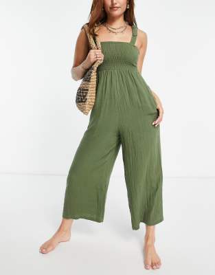 Accessorize frill shoulder beach jumpsuit in khaki  - ASOS Price Checker