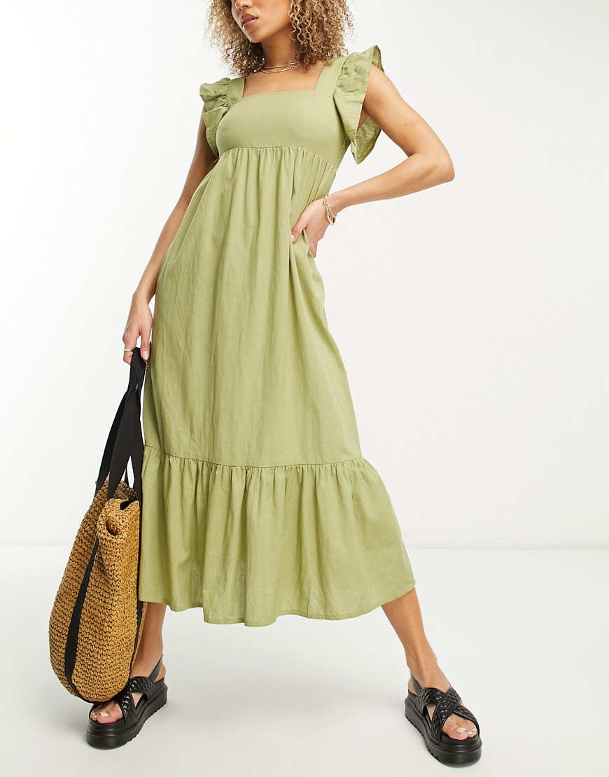 frill shoulder texture midi beach summer dress in khaki-Green