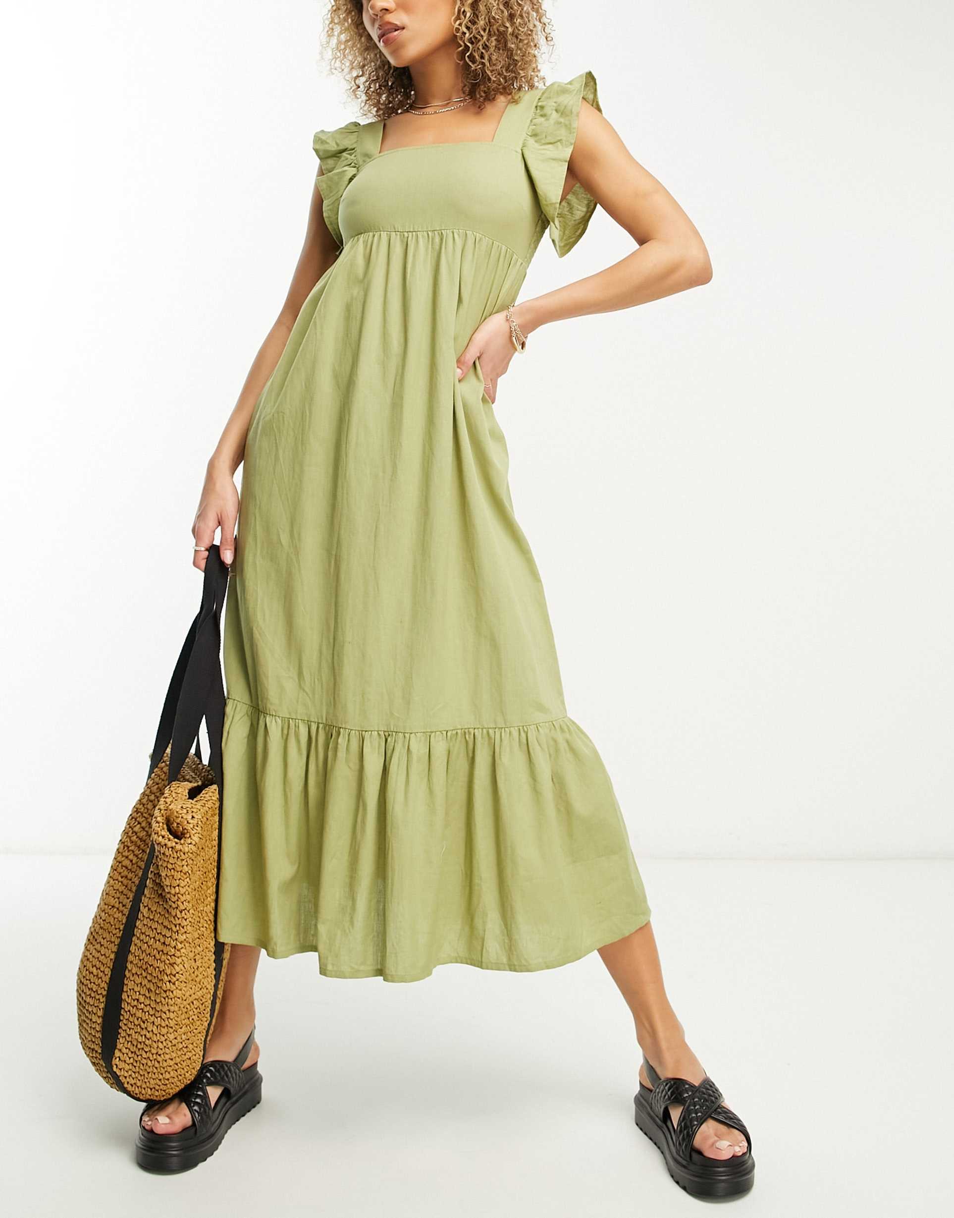 accessorize frill shoulder texture midi beach summer dress in khaki