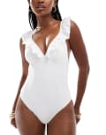 [Accessorize] Accessorize frilly v front swimsuit in white 10 White