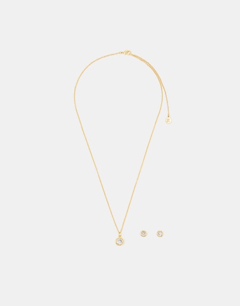 Accessorize gem set stud and pendant necklace gift set in 14k gold plated - view 1