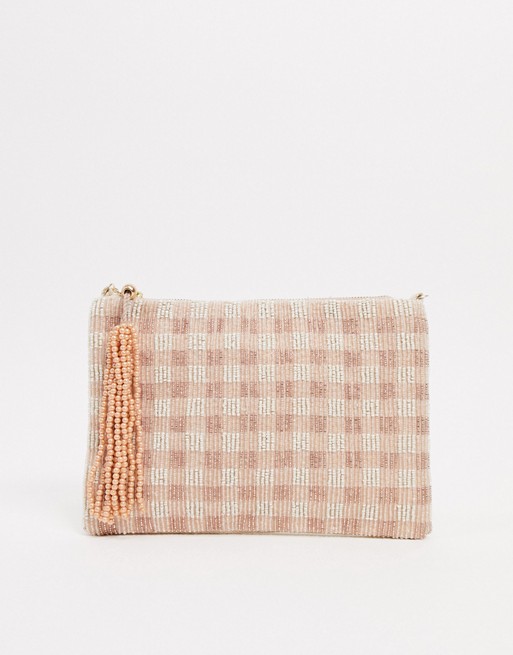 Accessorize gingham beaded clutch with chain in pink