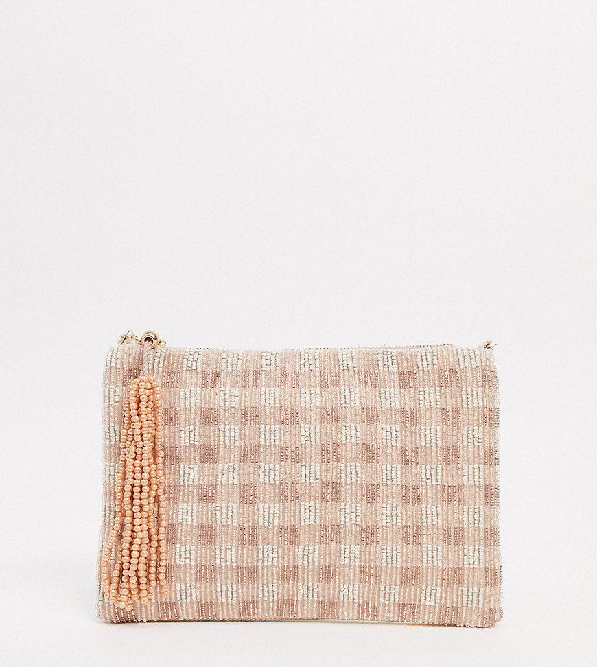 Accessorize gingham beaded clutch with chain in pink