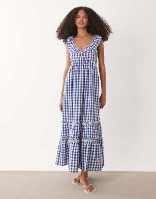 Accessorize gingham print midi beach dress in navy blue blue 20090₽