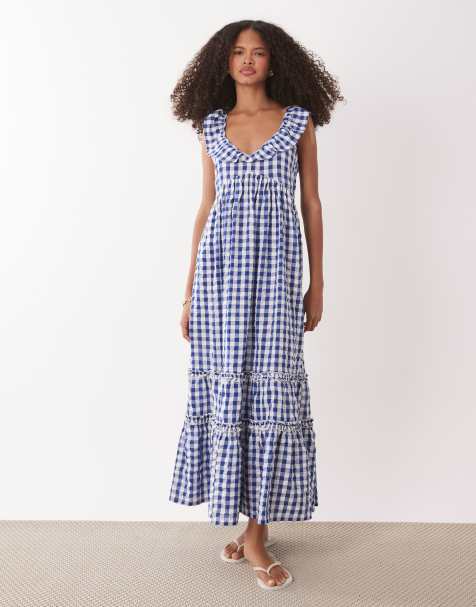 Accessorize gingham print midi beach dress in navy blue - view 1