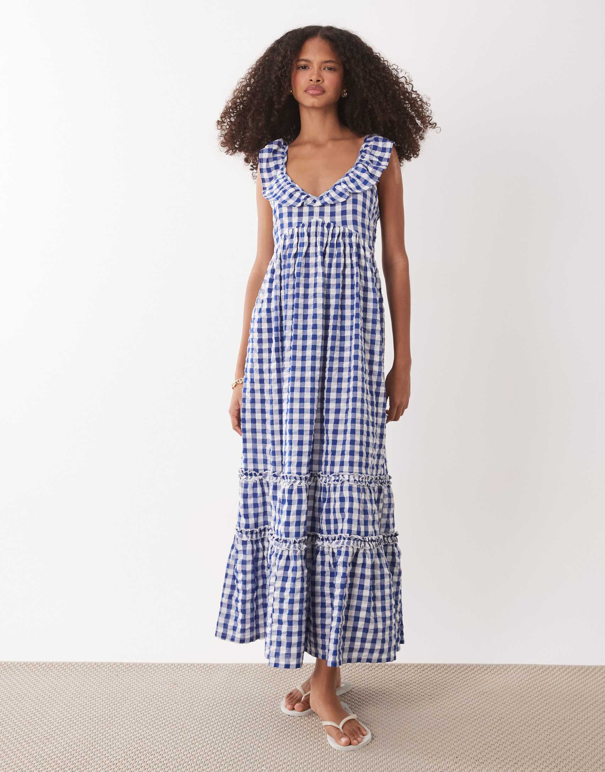 accessorize gingham print midi beach dress in navy blue