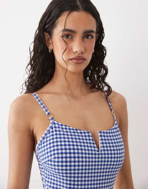 Accessorize gingham print swimsuit in mid blue, 3 of 4