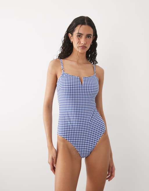 Accessorize gingham print swimsuit in mid blue, 4 of 4