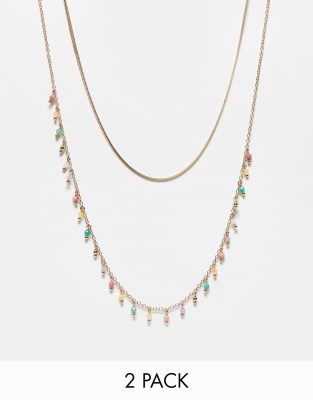 Accessorize – Goldfarbene Halsketten mit Perlen-Design im 2er-Set