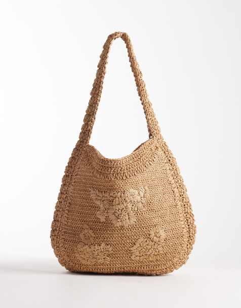 Accessorize - Grand sac porté épaule en raphia avec détail fleur - Marron - view 1