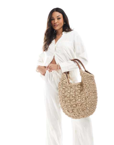 Accessorize - Grote schoudertas van raffia met ronde onderkant in naturel - view 1
