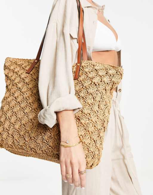 Accessorize - Grote strandtote van stro in naturel
