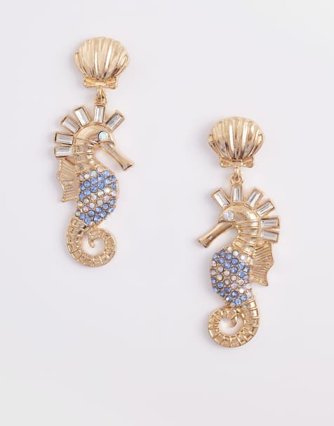 Accessorize – Guldfärgade, hängande statement-örhängen med sjöhästar - view 1