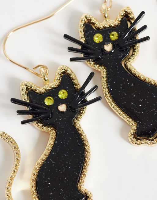 Accessorize Halloween black cat earrings in black and gold, 3 of 4