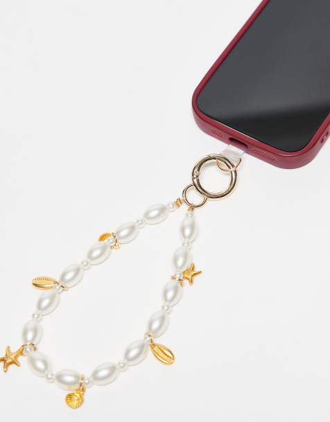 Accessorize – Handy-Handschlaufe in Weiß mit Muschel- und Perlenanhängern - view 1