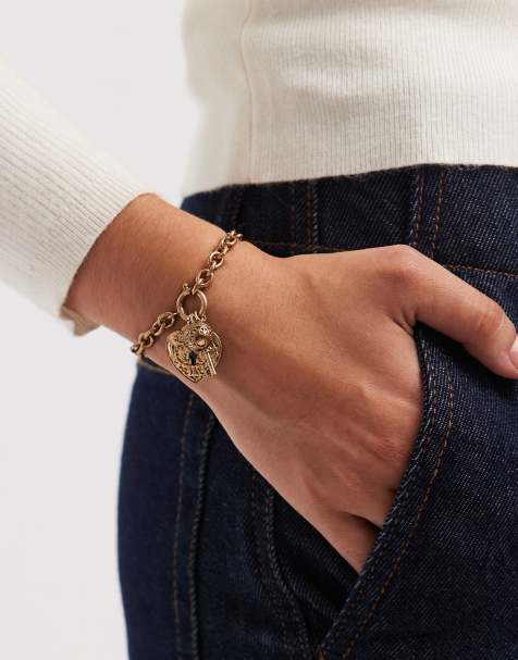 Accessorize heart padlock charm bracelet in brushed gold - view 1