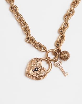 Accessorize Heart Padlock Charm Chunky Necklace In Gold